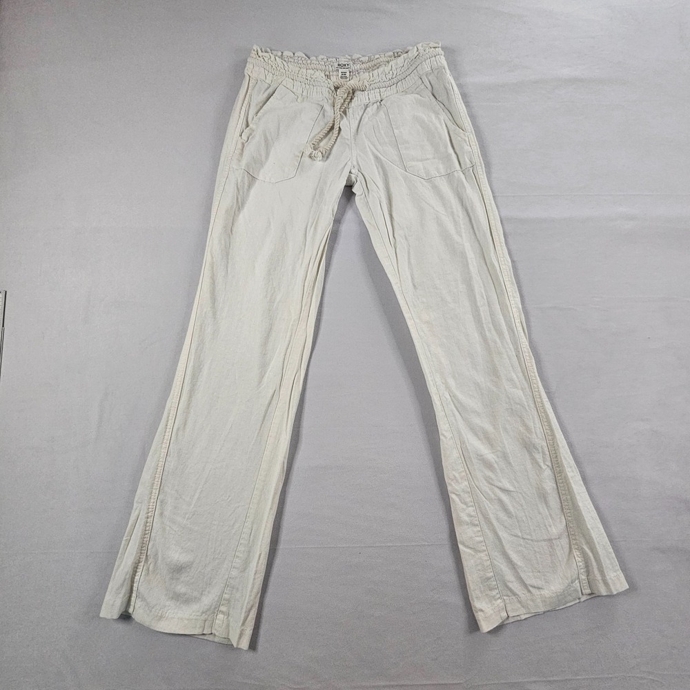 Roxy Women XS Cream Linen Blend Straight Leg Pants Pull On Drawstring Beach Boho